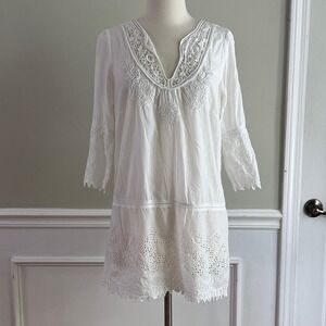 Indigo Collection Peasant Tunic Womens L White Eyelet Lace Embroidered Boho Top